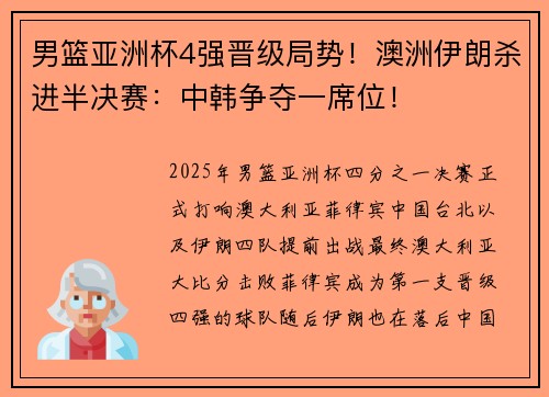 男篮亚洲杯4强晋级局势！澳洲伊朗杀进半决赛：中韩争夺一席位！