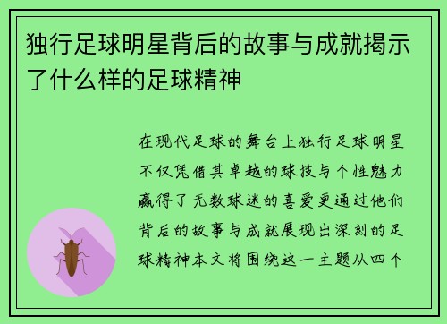 独行足球明星背后的故事与成就揭示了什么样的足球精神